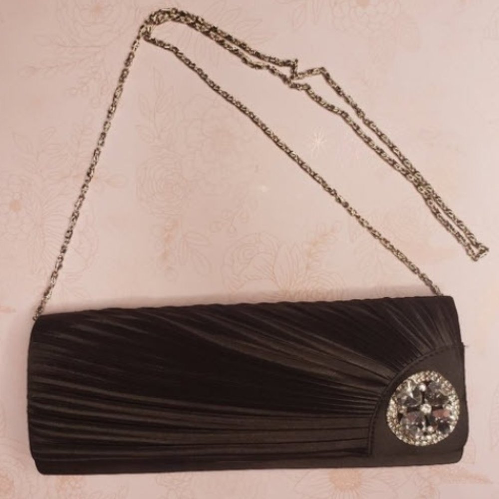 Black satin feeling handbag with gem flower design